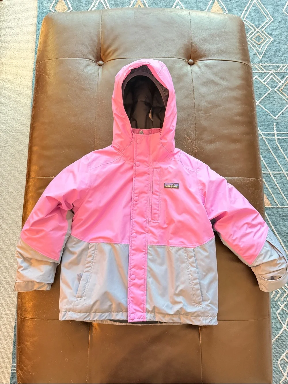 Patagonia Girls Pink and Light Gray Hooded Winter Jacket XS (5-6)